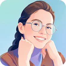 Femme souriante avec lunettes posées sur un fond bleu clair